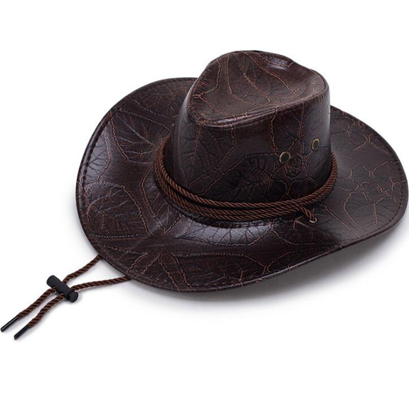 Classical Western Cowboy Hat For Men Women PU Leather Wide Brim Outdoor Jazz Sunhat Adjustable