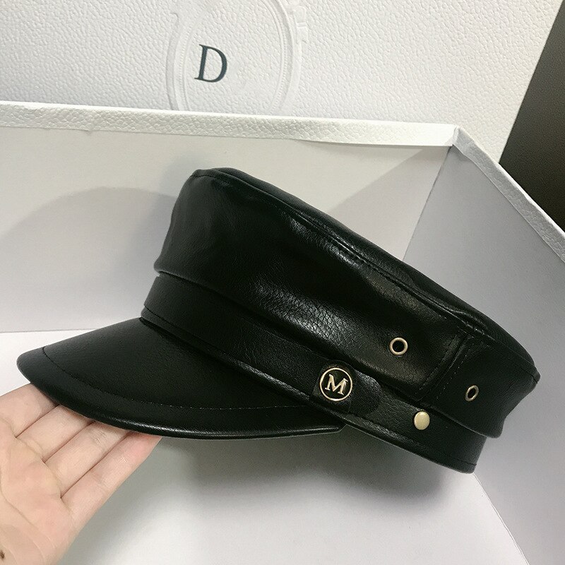 Boina mujer Otoño Invierno sombreros para las señoras de las mujeres 100% de cuero de la Pu de la Boina gorra Boina femenina Gorras hueso Vintage Inglaterra negro