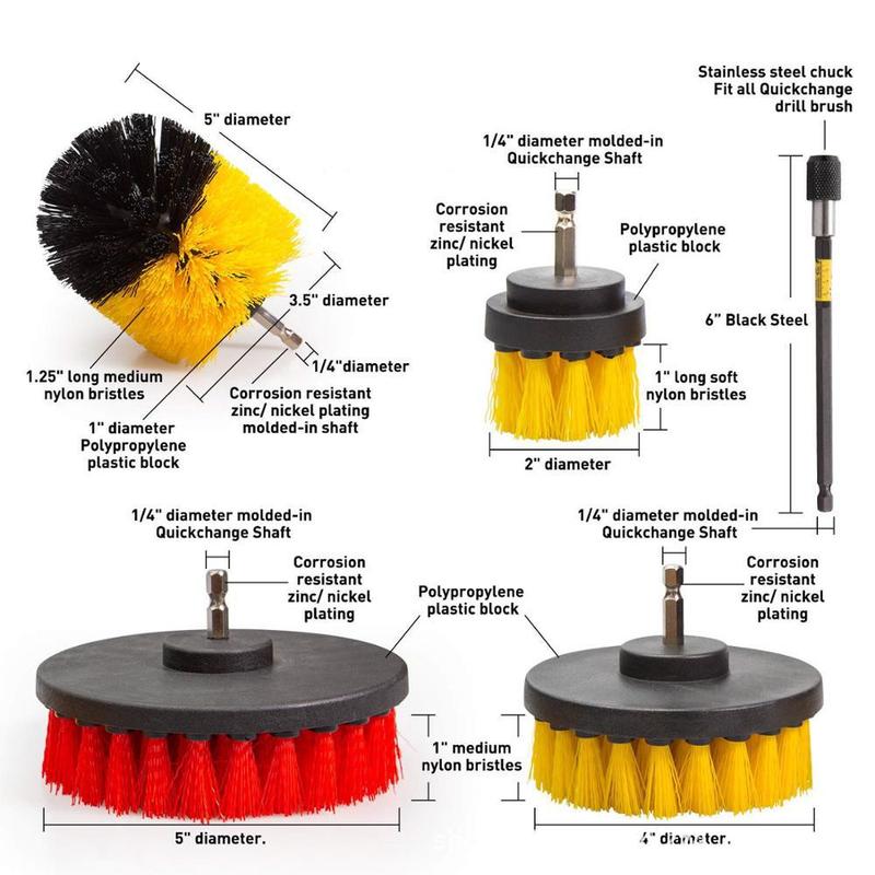 Brosse à récurer électrique 2/3.5/4/5 '', Kit de brosse de forage, brosse de nettoyage ronde en plastique, tige d'extension pour pneus de voiture, outils de nettoyage de voiture
