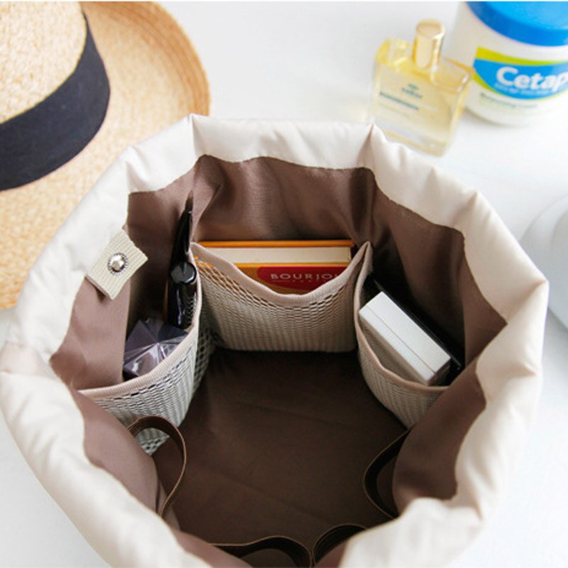 Beautician Barrel Shaped Travel Cosmetic Bag Nylon High Capacity Drawstring Drum Wash Bags Makeup Organizer Storage