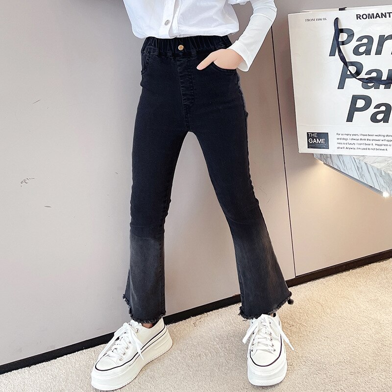 Jean évasé noir pour adolescentes de 12 à 15 ans, pantalon en Denim, taille moyenne, Style coréen, assorti avec tout, collection printemps et automne, pour enfants