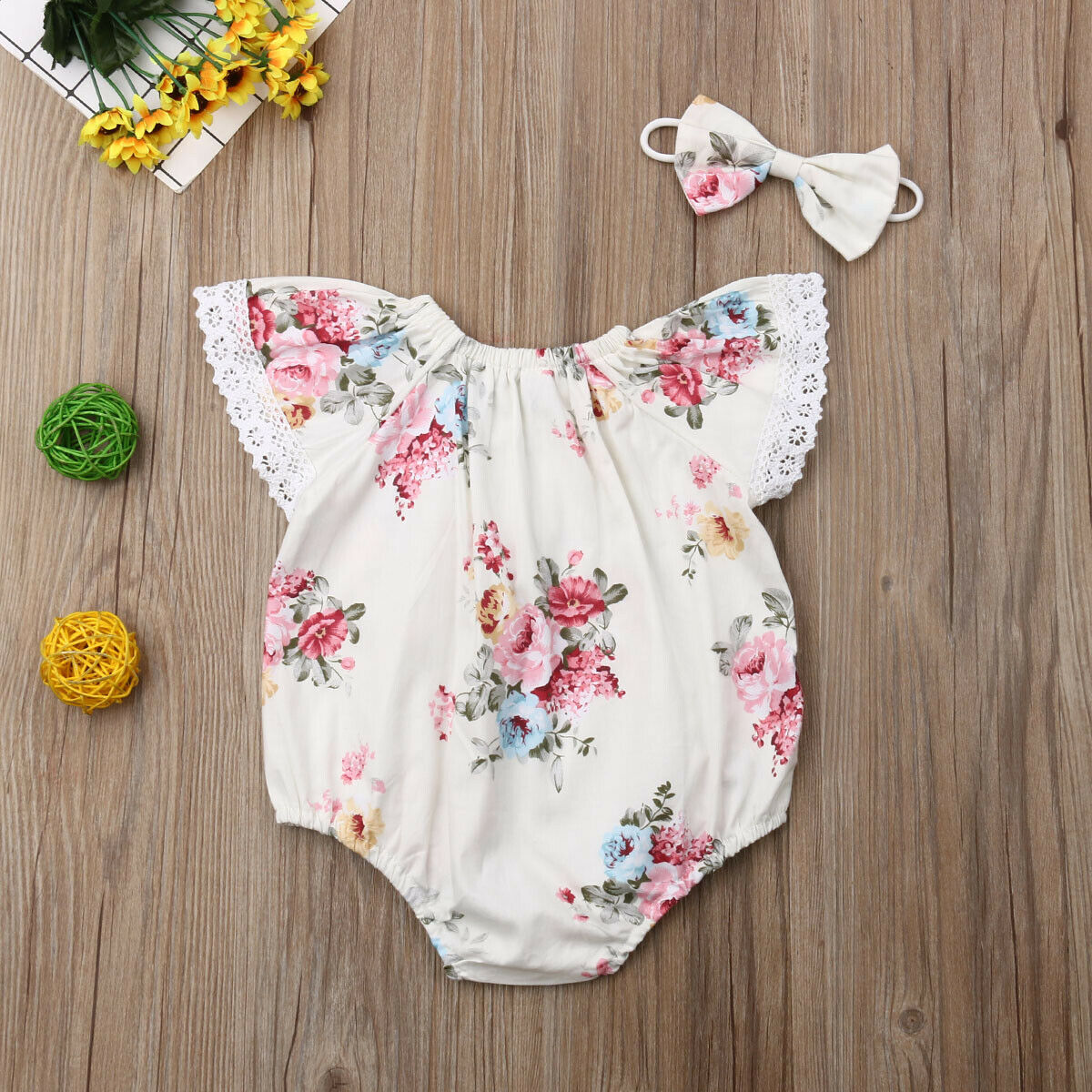 Baby Summer Clothing 0-24M Infant Baby Girls Boys Jumpsuits Headband 2pcs Floral Print Ruffles Short Sleeve Bodysuits Sets