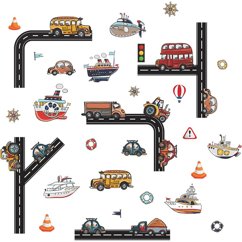 Cartoon Road Car Bus Ship Traffic Removable Wall Stickers PVC Decals Mural Home Decor Art for Kids Nursery Baby Boy Room Posters