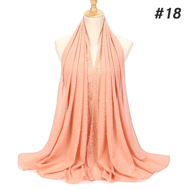 1 Pc Vrouwen Bellen Chiffon Sjaal Met Diamant Studs Parels Sjaal Vlakte Hijab Sjaals Wraps Effen Kleur Moslim hijab Sjaal: color 18