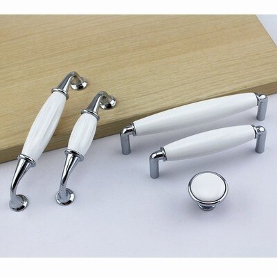 White Ceramic Door Handle Knob Cabinet Pull Modern Drawer Pull Handles Round Knob Furniture Hardware Silver Chrome 96 128mm