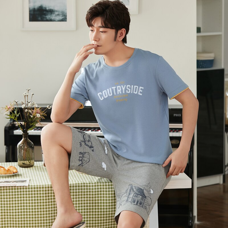 SONG Summer Men's Pure Cotton Pajama Sets Short Sleeve Simple Style Cartoon Handsome Casual Pyjamas Home Wear