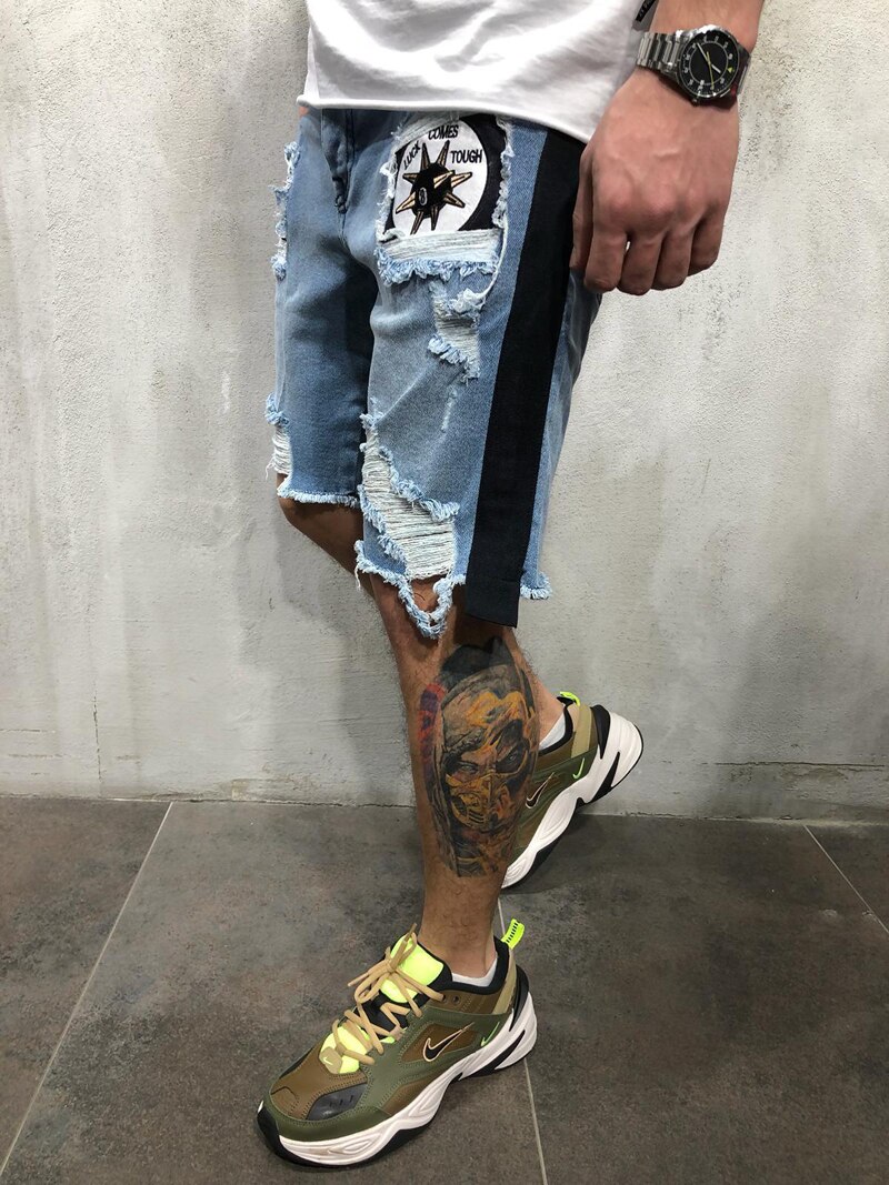 European size loose summer hole denim shorts Embroidered men's Jeans Shorts Hip-hop slim shorts Blue light blue S-3XL