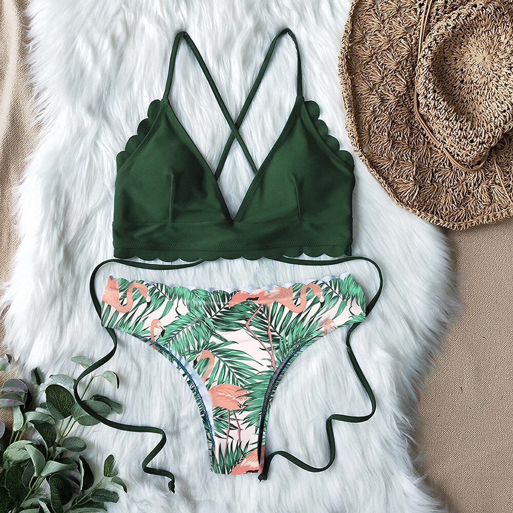 Bikini sæt flosset kant trykt bund sexet snøre badedragt to stykker badetøj kvinder strand wear badedragt biquini: Cu19598 g 3 / S