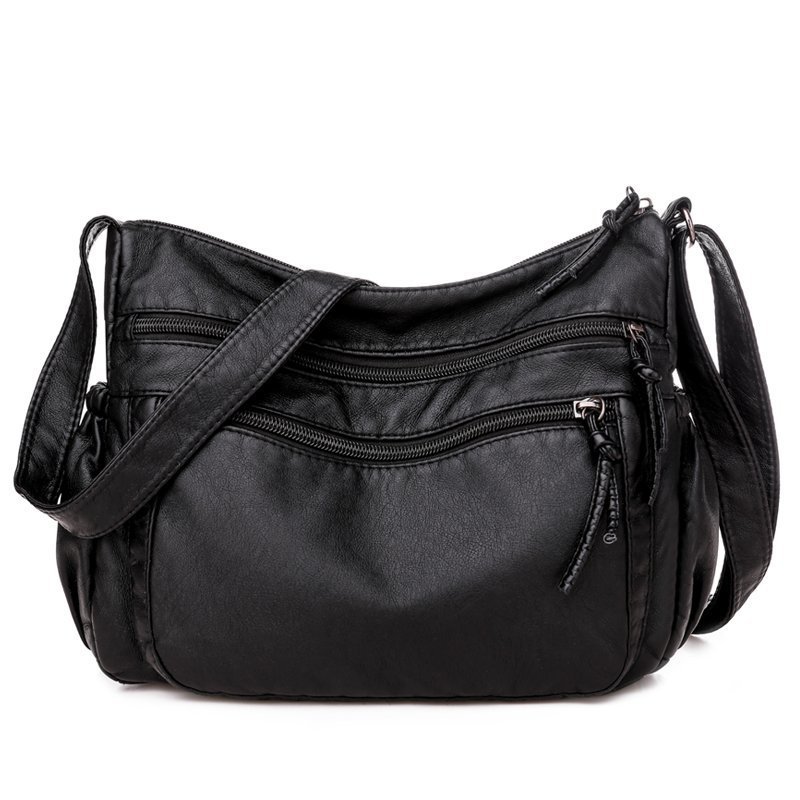 Sac à bandoulière en cuir lavé pour femmes, sac à bandoulière rétro européen et américain polyvalent de grande capacité, en cuir souple PU, 2024: Black