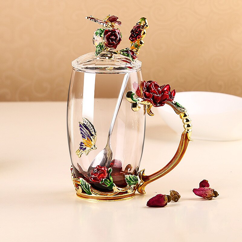 Emalje farge glass kopp hjem romantisk rose te kopp kaffekopp med lokk skje melk kopp vann kopp kvinne: Hvit