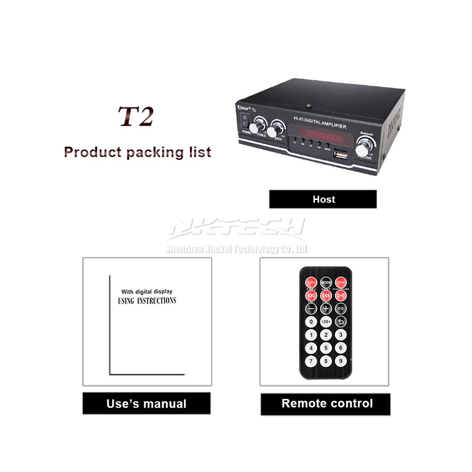 Car Power Amplifier Kinter T2 Digital Audio Player Bluetooth 2CH 20W Hi-Fi Stereo Treble BASS DC12V 220-240V USB SD MP3 FM Radio: Without-Adapter