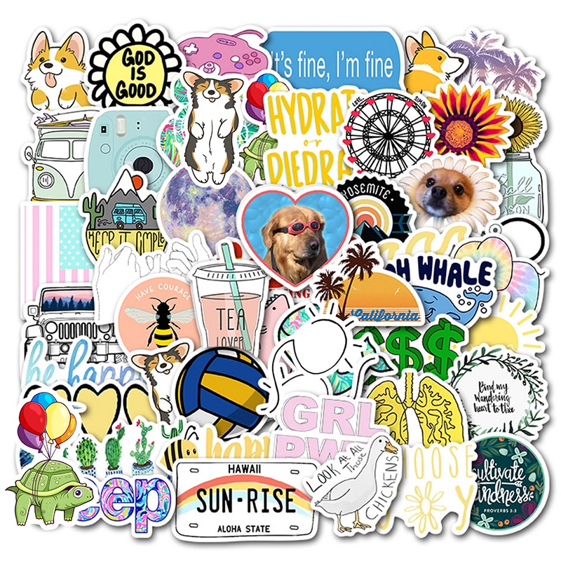 50PCS Cartoon Simple Girls Kawaii Computer Stickers For Children Waterproof Sticker To DIY Laptop Bicycle Helmet Car Decals