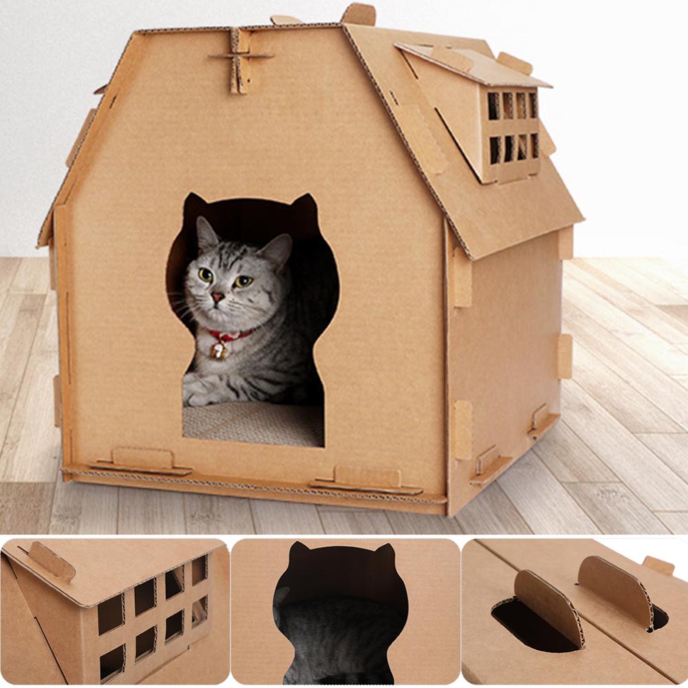 Tools Cat House Carton Box DIY Scratch Board Pet Kitten Have Small Window Indoor Self Assembly Corrugated Paper Toys Supplies