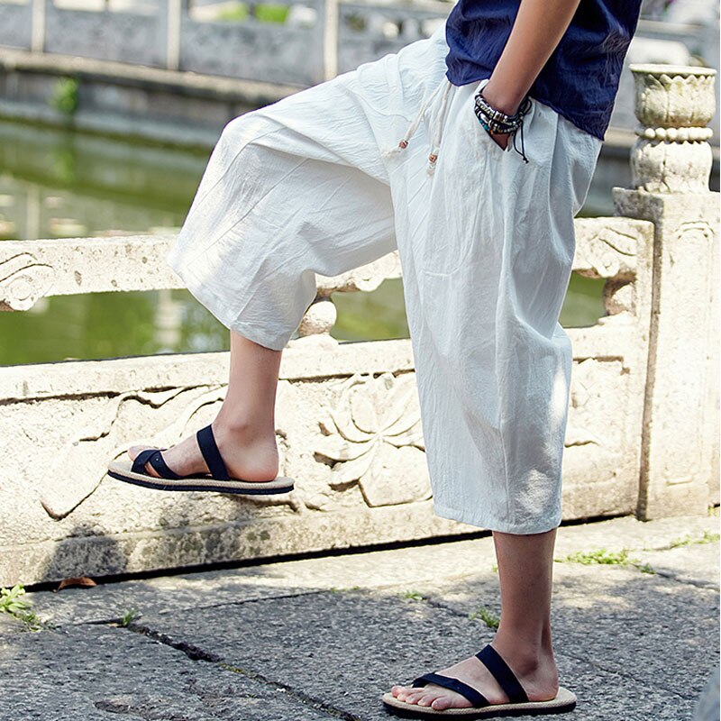 Été hommes décontracté coton lin pantalon large jambe poche lâche rétro cordon élastique taille mollet longueur pantalon pour hommes