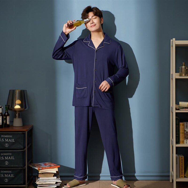 MELIFLE automne tout coton hommes vêtements de nuit col rabattu ample solide à manches longues pyjamas ensemble loisirs Masculino nuisette: 2 / L