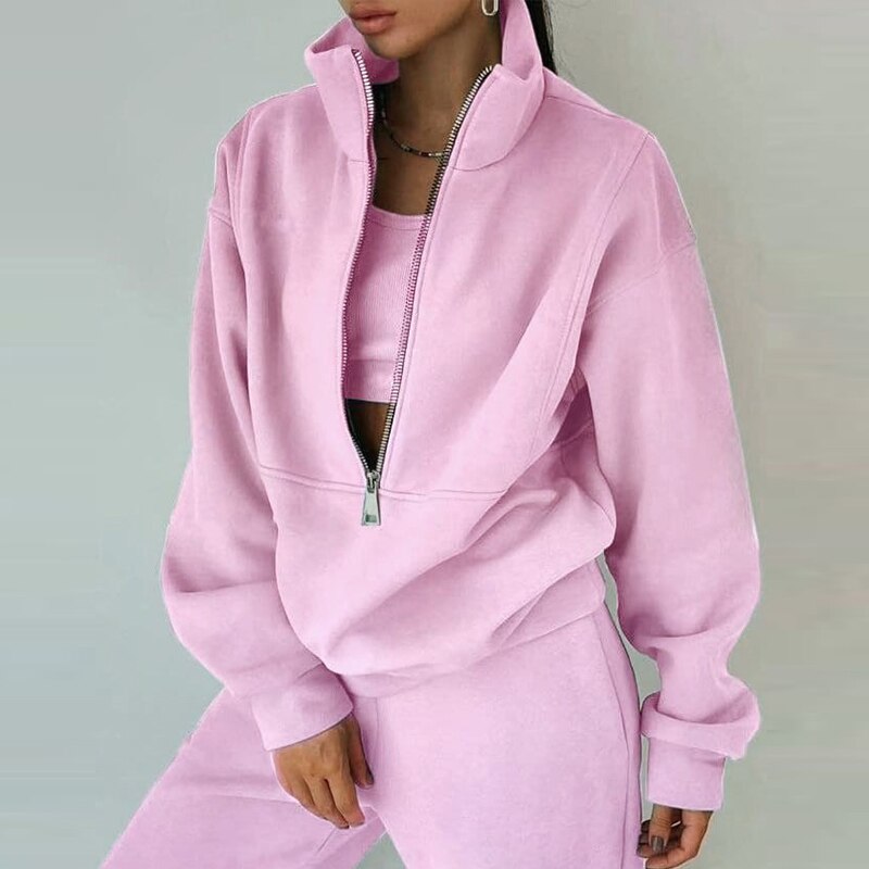 Casual Oversized Polo Zipper Sweatshirts And Trouser Tracksuits Set Women Fleece Two Piece Set Spring Winter Sports Warm Suit