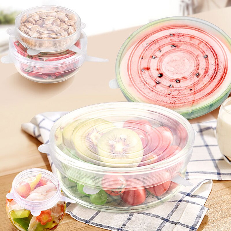 6PCS Silicone Cover Reusable Silicone Stretch Lids Adaptable Food Cap Universal Dish Airtight Lid Wrap Cover Kitchen Accessories