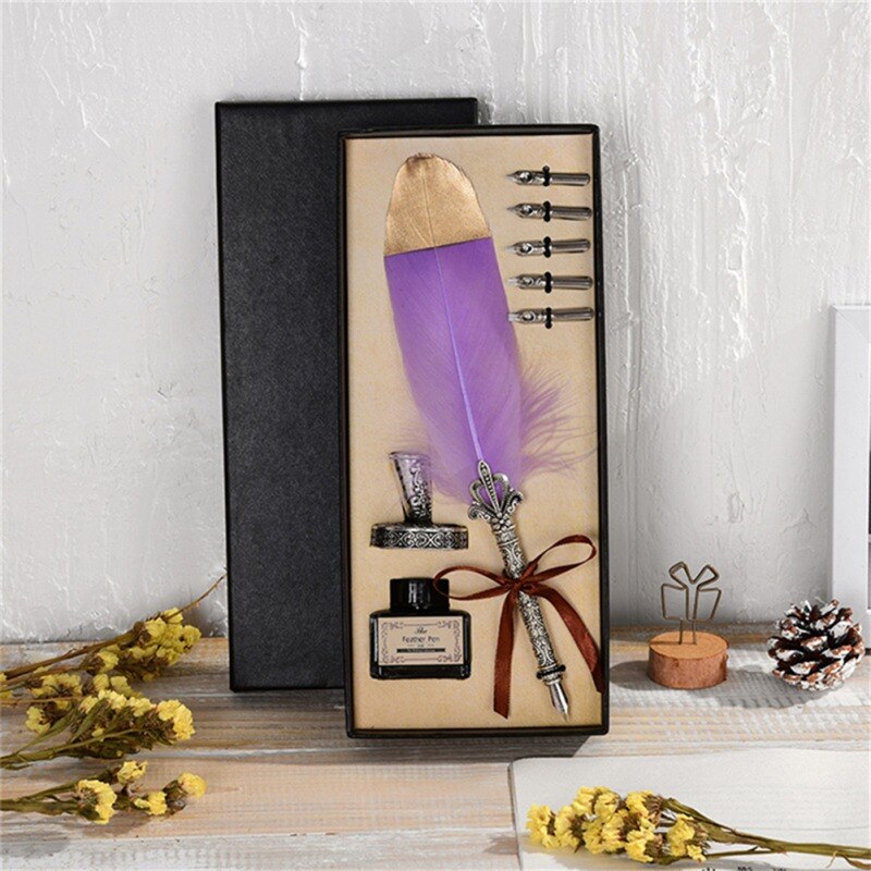 Vintage 1Set Kalligrafie Veer Dip met 5 Nib Quill Pen Schrijven Inkt Set Geschenkdoos Bruiloft Fontein pen