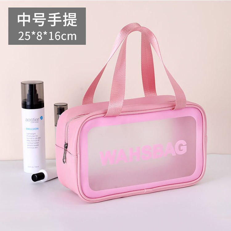 Stijlvolle brief toilettas pu make-up tas transparante reisorganizer toilettassen hoge capaciteit waterdichte dames cosmetische tassen: Roze medium 2
