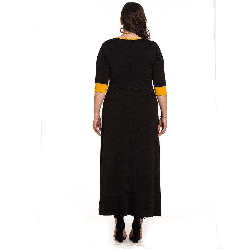 Plus size dame kontorkjole kvinder sommer kontrast multicolor festkjoler sort maxi lang kjole