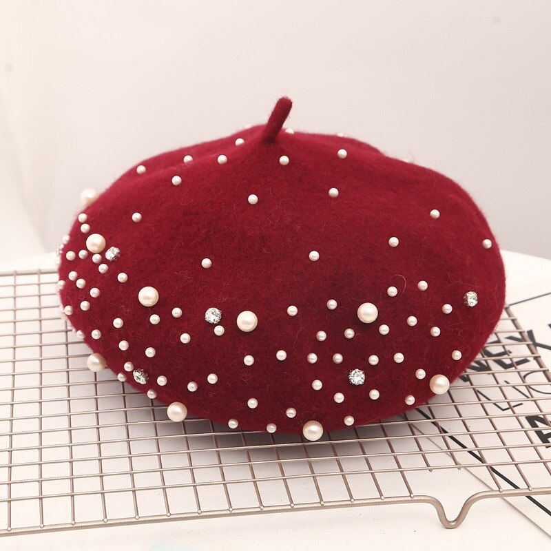 neue Winter warm Französisch Perle Strass Baskenmütze Hütte Elegante Mütze Kappen Einfarbig lässig Herbst Hütte für Frauen mädchen: Wein rot