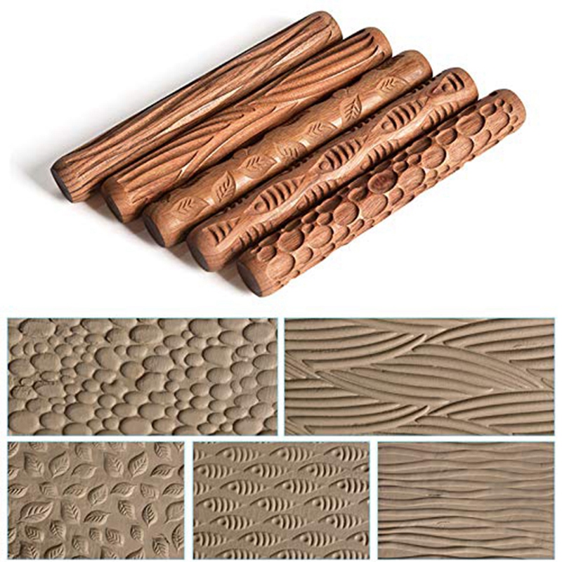 Rodillo de barro con textura de madera, herramientas de cerámica, talla de alfarería, patrón en relieve, varilla en relieve, rollo de barro, 5 uds.