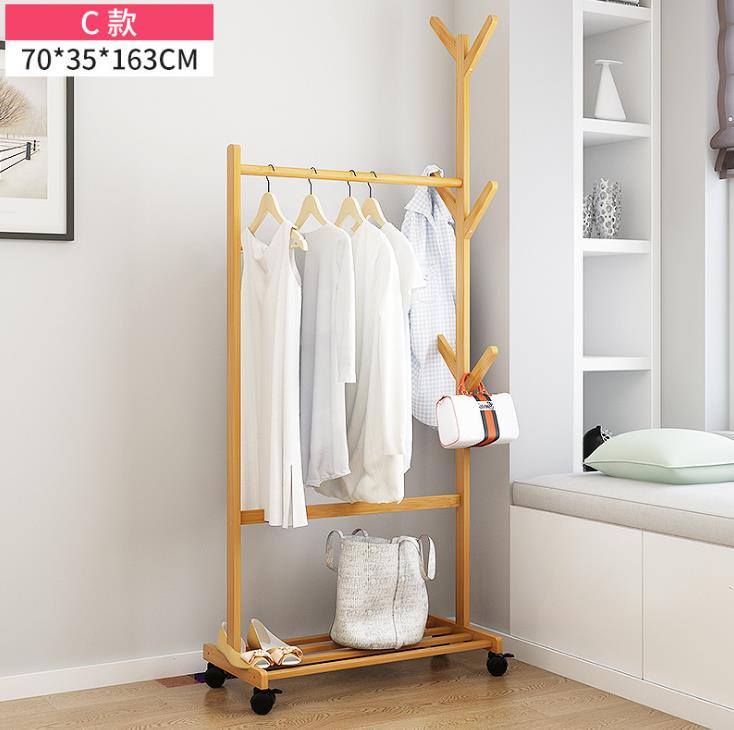 Solid Bamboo floor clothing rack with wheels hat rack bedroom furniture Coat Rack Simple Assembly Bedroom hanger: 70x35x176cm