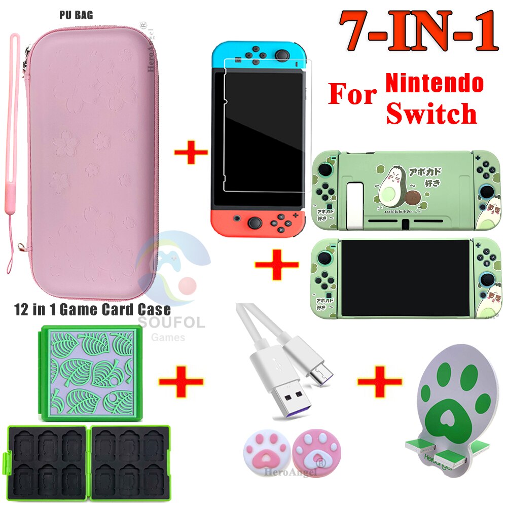 7 IN 1 Sakura custodia IN PU rosa per Nintendo Switch / Lite custodia da viaggio custodia IN pelle per Nintendo Switch accessori protettivi: Switch 7 in1 Pink C