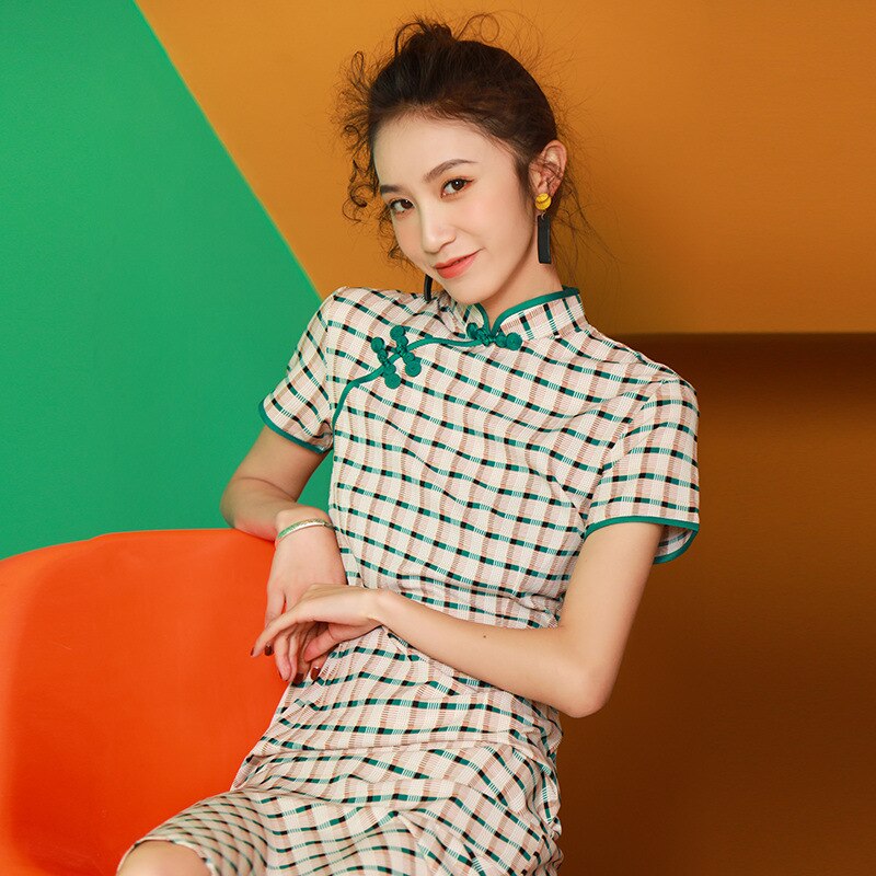 Cheongsam de estilo chino para chicas, para chicas, vestido a cuadros para estudiantes, vestido de cola de pez Qipao