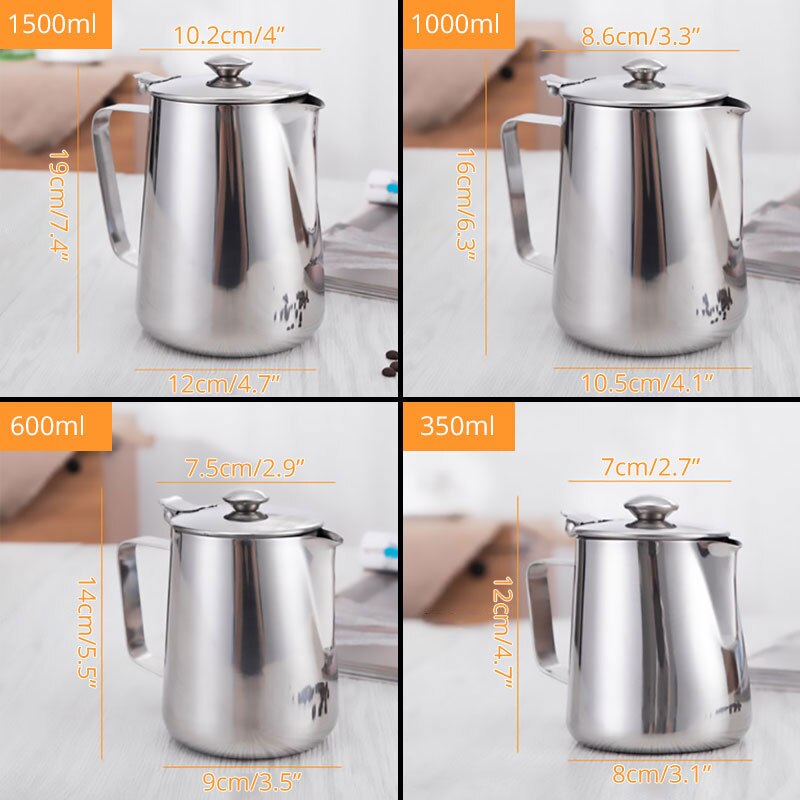 Tetera de leche de acero inoxidable, cafetera con tapa, perfecta para máquina de espresso, espuma y latte art