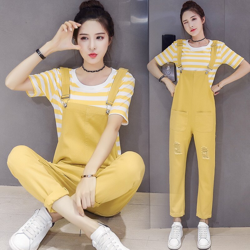 Forår og sommer koreansk atyle denim overalls til gravide kvinder pink/gul gravid bomuldsbukser med lommer