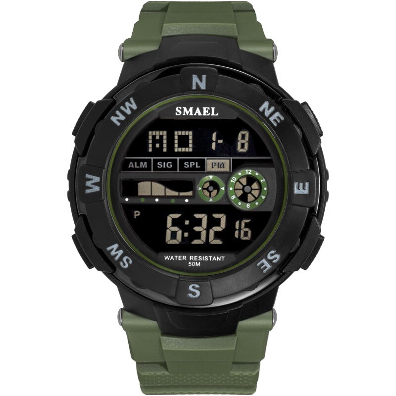 Digitale herenhorloges, kleine sporthorloges, led herenhorloges, waterdichte herenhorloges, 1361b zwarte polshorloges, casual elektronica horloge: Legergroen