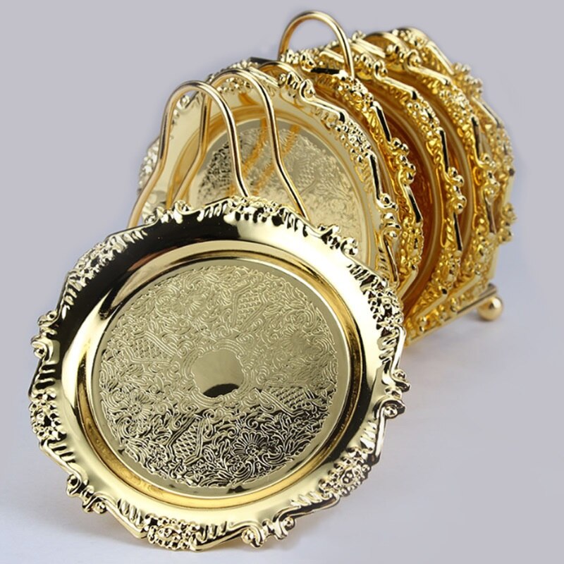 Top metal kop coaster krus/glas måtte/dessert tallerken 6 stk/sæt guld sølv dekoration europæisk stil