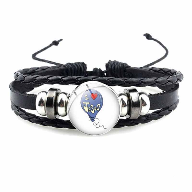 Bracelet avec symbole chrétien de poisson de jésus, bijou en verre fait à la main, Punk, en cuir tissé noir, bijoux manchette pour hommes et femmes: VERMEIL