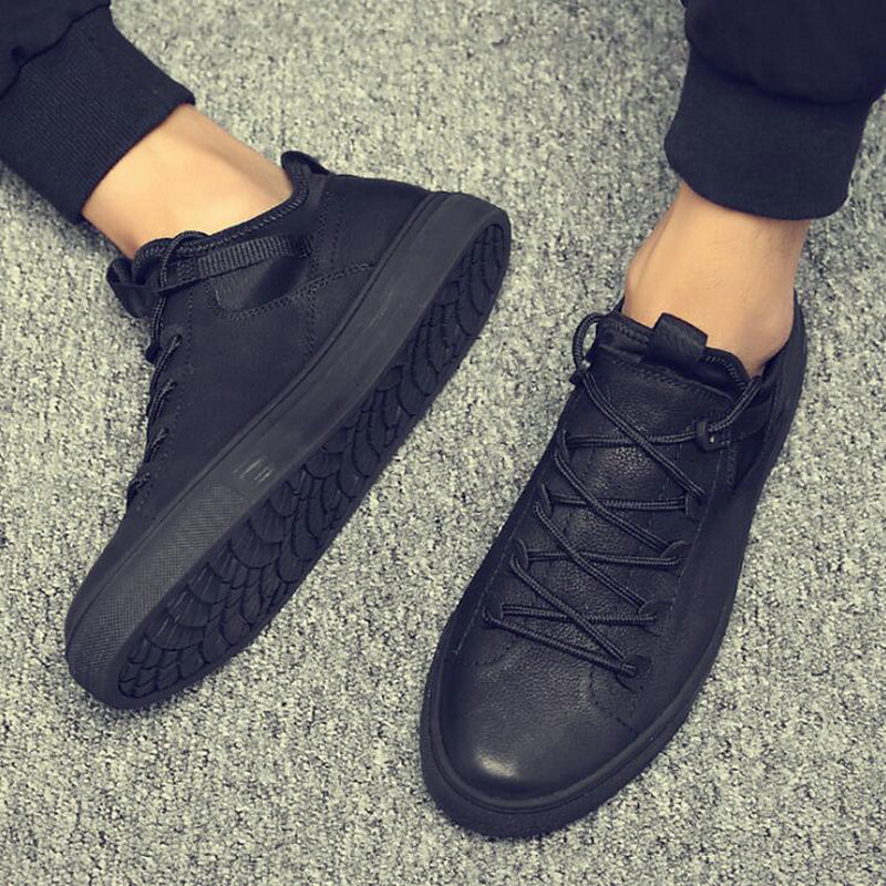 male casual shoes all Black Men's leather casual Sneakers Black white flats shoes LH-57