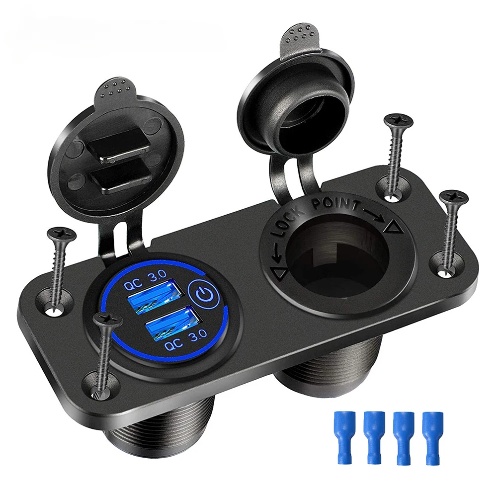 Panel de enchufe USB de 12V, carga rápida 3,0, 20W, doble PD, USB C, adaptador de encendedor de cigarrillos para coche, barco, RV, motocicleta: Azul