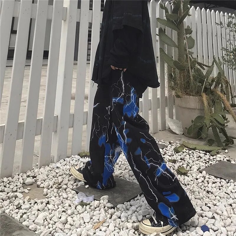 Ins harajuku donkere straat retro bliksem casual broek losse wilde wijde broek broeken trend