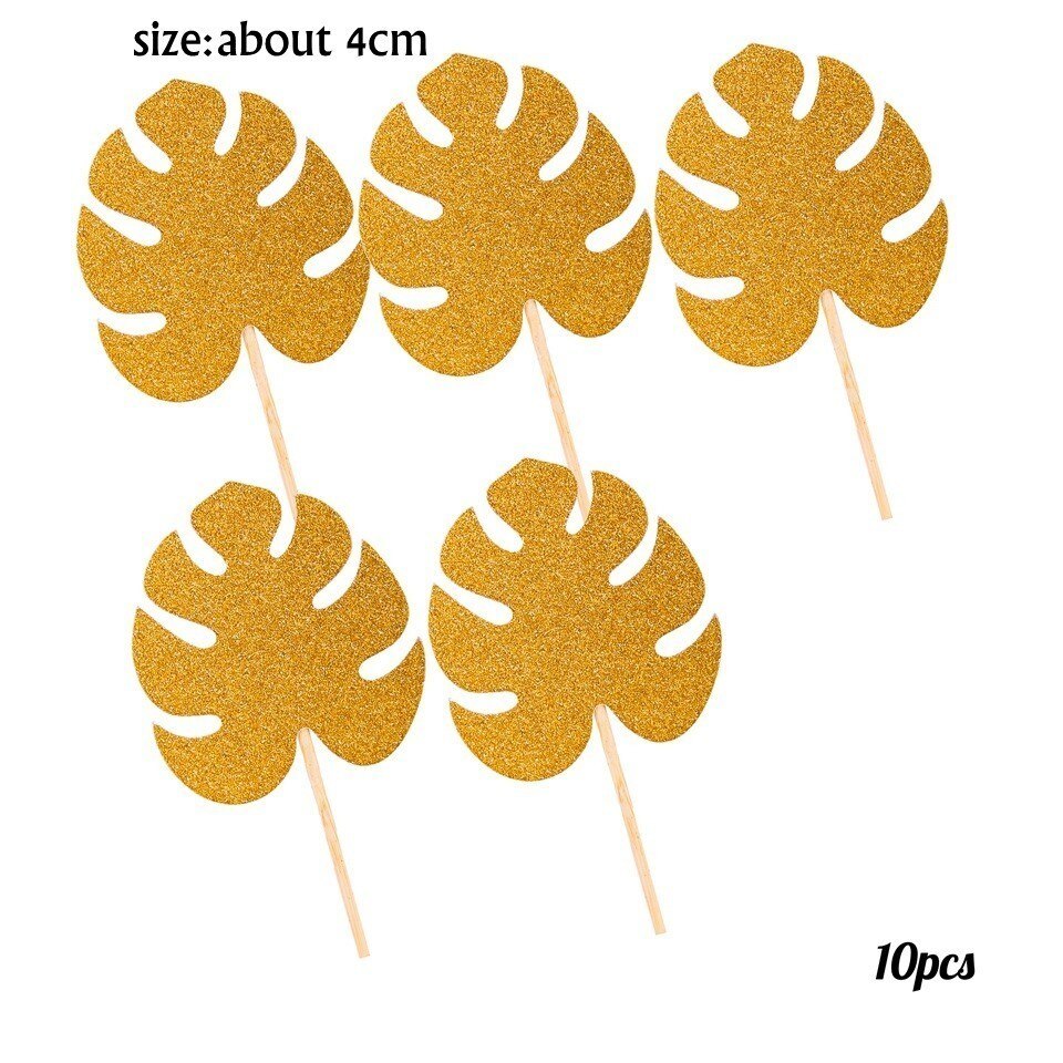 Toppers de Cupcake en forme de palmier, 1 ensemble, flamand rose, ananas, Aloha, décorations pour fête de piscine d'été, mariage, anniversaire, réception pour bébé: 10pcs Gold Palm