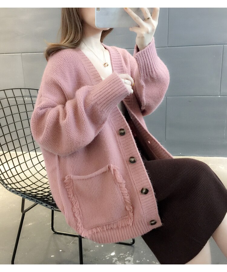 H.SA Otoño Invierno mujeres suéter de gran tamaño y Cardigans suéter largo mujeres Tops suéteres mujer abrigo de punto cálido paño suave: LM19196 Pink