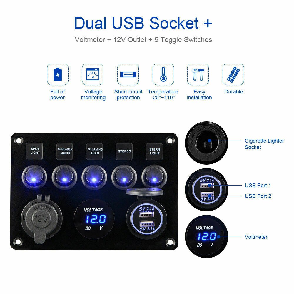 5 Gang 12V/24V Inline Zekeringkast Led Schakelpaneel Dual Usb Auto Boot Truck Camper Digitale voltage Display Blauw/Groene Led Licht