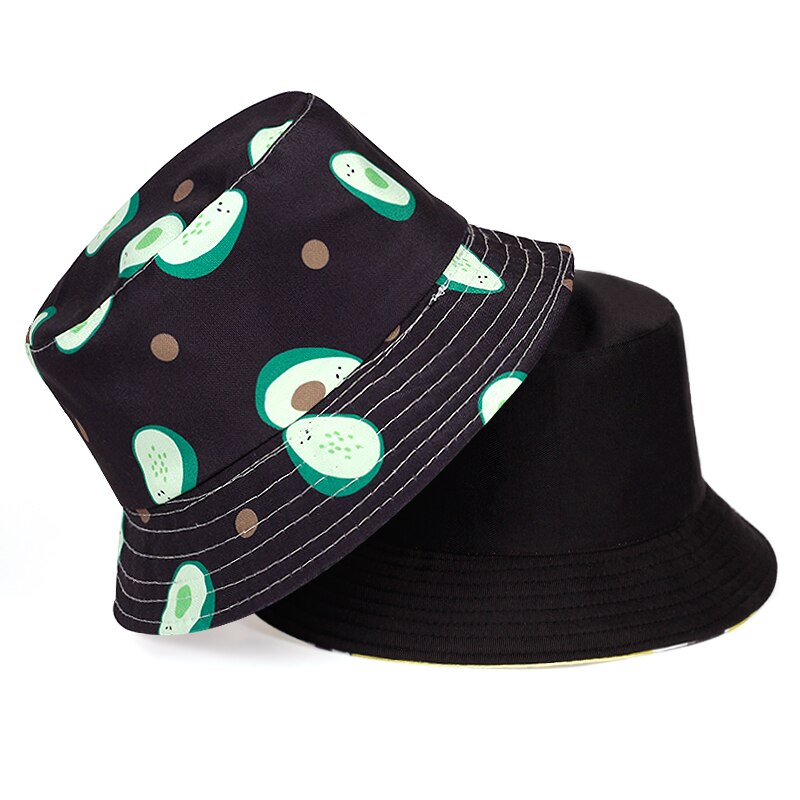 Neutrale fruit bedrukte vissershoed heren outdoor reis zonnehoeden dubbelzijdig draagbare zomerhoed panama emmerhoed: Zwarte peer