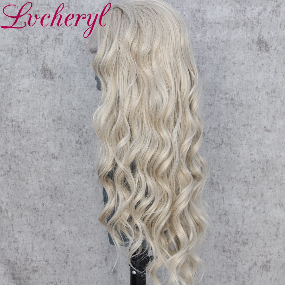 Lvcheryl lång vågig platina blond färg syntetisk spets främre peruker handbundna naturliga hår värmebeständigt hår peruker för kvinnor