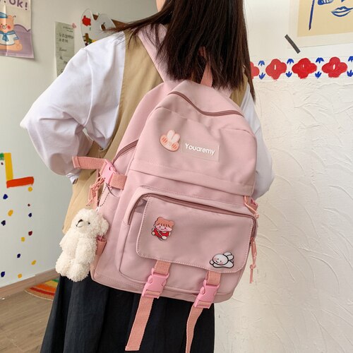 Femminile Rosa Carino Zaino Donne di Scuola di Nylon Impermeabile Zaini per Ragazzi di Grande Capacità Zainetto Harajuku 2020 Nuovo Bookbags: pink with toy