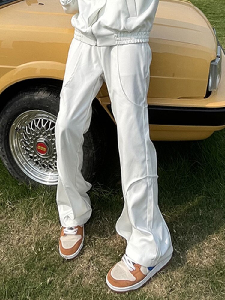 Pfnw Onregelmatige Wit Pak Broek Mannen Hihg Straat Casual Broek Lente Rechte Solid Cozy Flared Broek Mannelijke: white / XL
