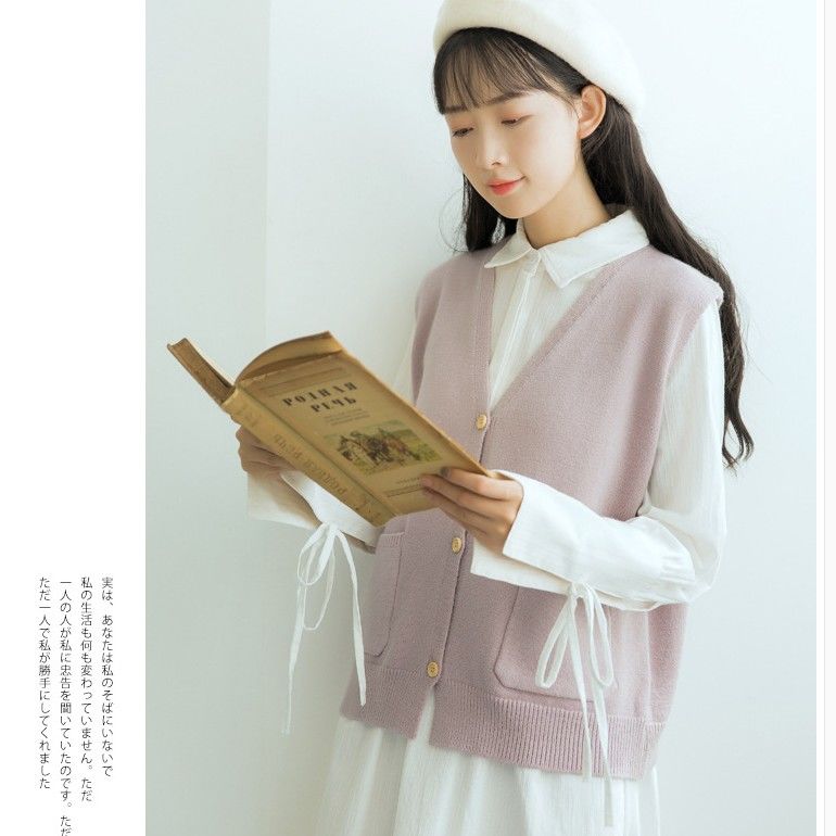 Swetry kamizelki damskie solidne pojedyncze piersiowe luźne studenci kolorowe kieszenie koreańskie kobiece modne bez rękawów eleganckie wszystkie mecze nowe ins: różowy