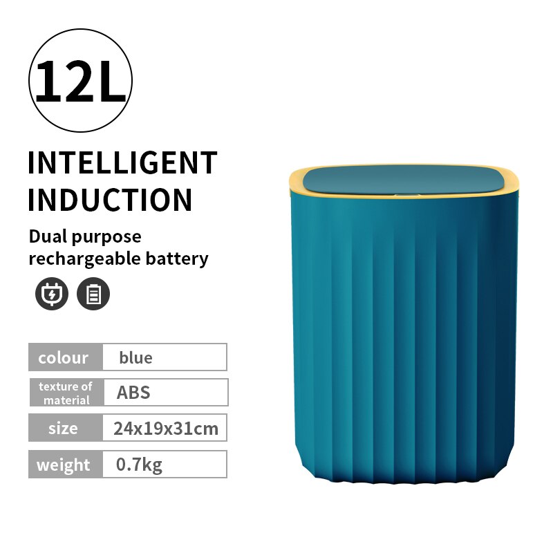 9L/12L/15L Kitchen Smart Trash Can Automatic Induction IPX5 Waterproof Electronic Bathroom Rubbish Bin Toilet Narrow Garbage Can: Charging 12L Blue