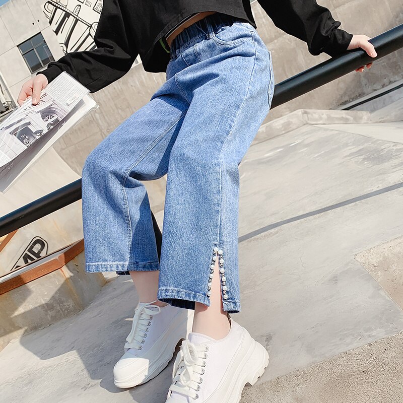 Girls Jeans Wide Leg pants Straight Side Slit pearl Jeans Loose Denim Ankle Trousers Children Girls Clothes