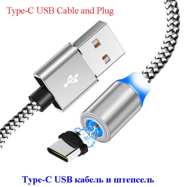 Cable magnético Micro Usb tipo C, carga súper rápida para teléfono iPhone y Xiaomi, luz LED, 1M: Silver With C Plug