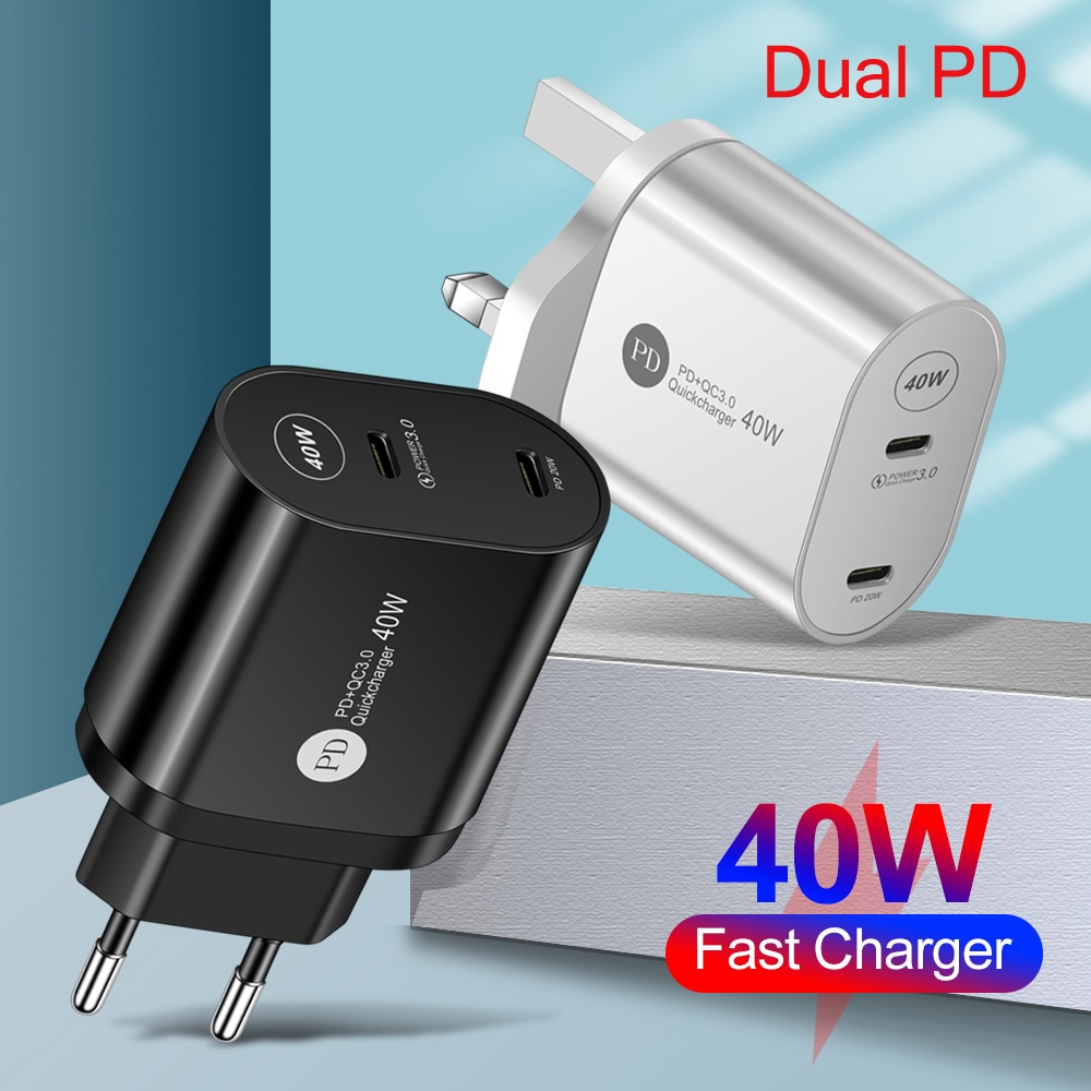 Mini chargeur USB type-c 40W Double PD PD 3.0, adaptateur rapide ue/US/royaume-uni pour téléphone iPhone 13/12 Pro Max, Huawei, Xiaomi et Samsung