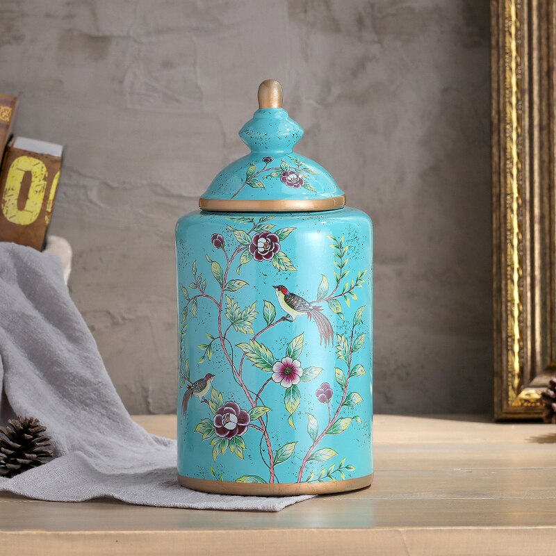 Blomster mønster klassisk keramik vase antik slik krukke te dåse universal porcelæn opbevaring krukker vintage hjem indretning: Blå midt